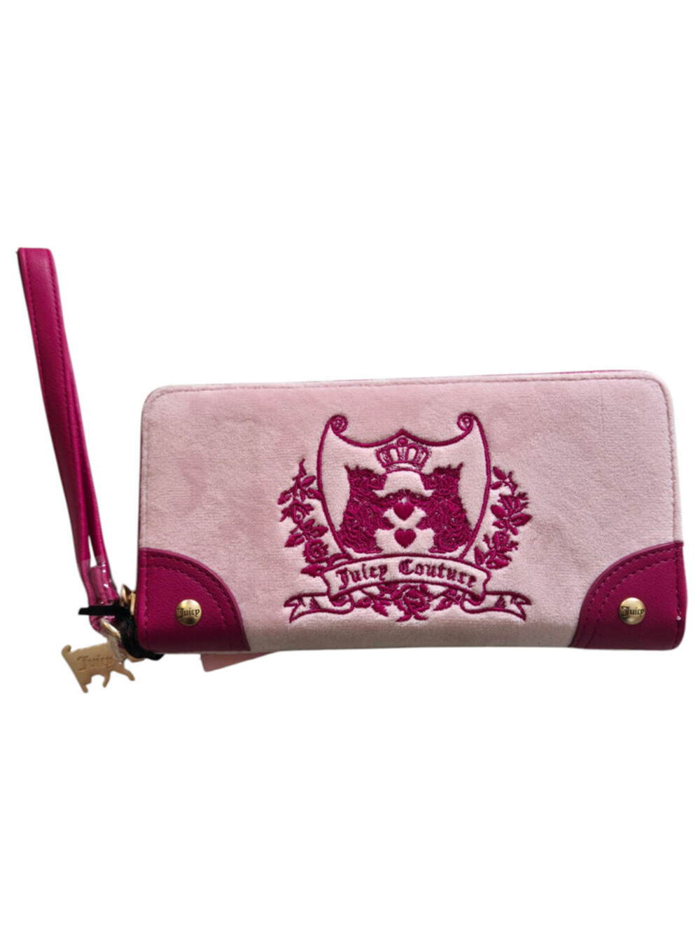 Juicy Couture Womens Velour Wallet Zip Around Flamingo Pink Dog Keychain NWT